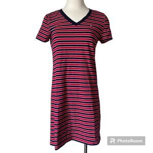 Tommy Hilfiger Striped V Neck Red Navy T Shirt Dress Size S